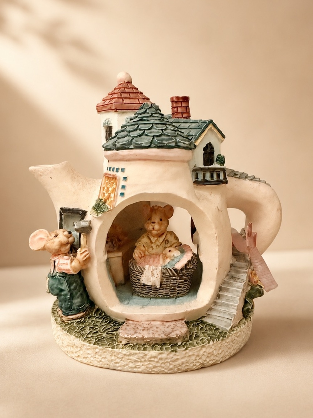 Whimsical Ceramic Teapot House Figurine in Cream and Green